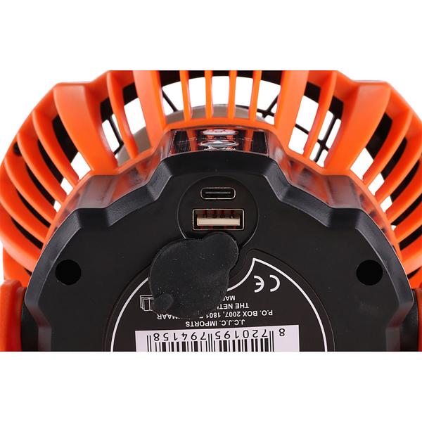 Camping Ventilator mit LED-Licht + Powerbank (5200mAh): 13x17cm, orange-schwarz - Starker Akku, ideal für Outdoor Abenteuer