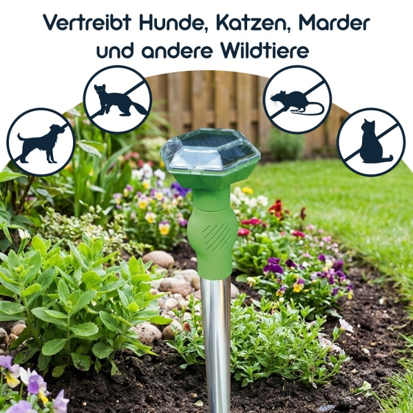 Universal Ultraschall-Tiervertreiber, Solar & Akku, bis 40 m², Hunde- & Katzenschreck, mobil, sichere Tierabwehr, ohne Chemie