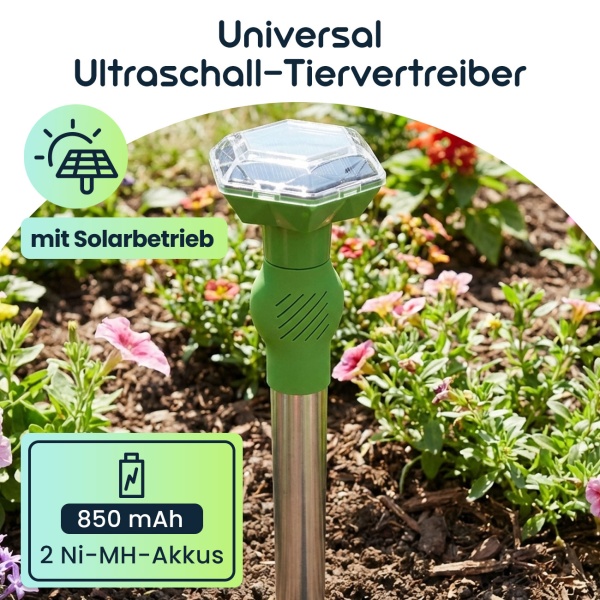 2er-Set Universal Ultraschall-Tiervertreiber, Solar & Akku, bis 40 m², Hunde- & Katzenschreck, mobil, sichere Tierabwehr, ohne Chemie