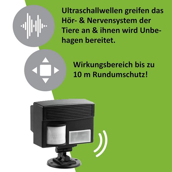 2er-Set Ultraschall-Tierschreck - effektiver Hunde-, Katzen- & Marderschreck mit PIR-Bewegungsmelder - 10m Reichweite - Frequenz 17-40 kHz