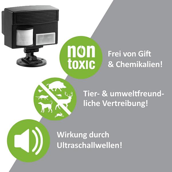 2er-Set Ultraschall-Tierschreck - effektiver Hunde-, Katzen- & Marderschreck mit PIR-Bewegungsmelder - 10m Reichweite - Frequenz 17-40 kHz