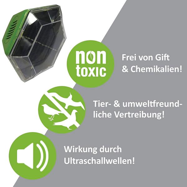 Schützender 2 in 1 Vogelschreck Ultraschall und Lichtsignal, deckt 100 - 150 m² ab, unabhängig dank Solarzelle und Akkus, IP43