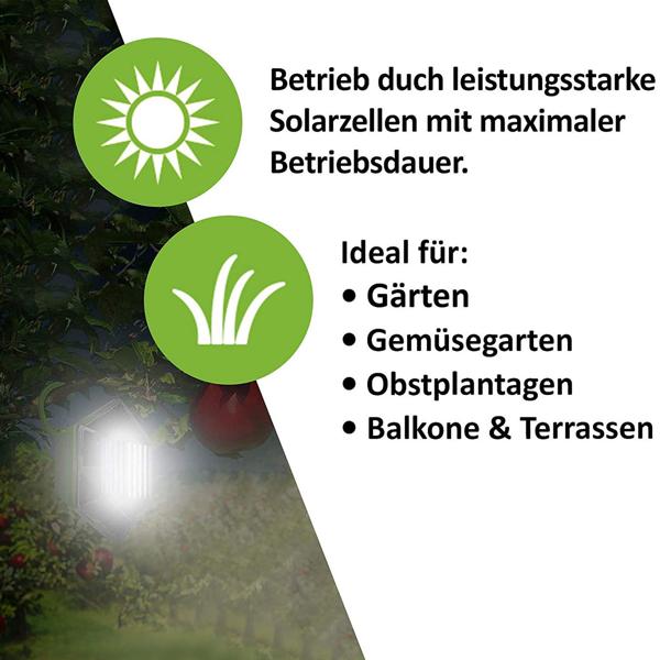 Schützender 2 in 1 Vogelschreck Ultraschall und Lichtsignal, deckt 100 - 150 m² ab, unabhängig dank Solarzelle und Akkus, IP43