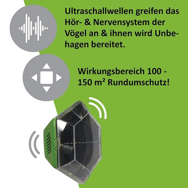 Schützender 2 in 1 Vogelschreck Ultraschall und Lichtsignal, deckt 100 - 150 m² ab, unabhängig dank Solarzelle und Akkus, IP43