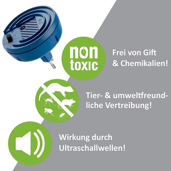 Ultraschall-Tiervertreiber, Steckdosenbetrieb, mit 3 anpassbaren Frequenzen. Wirkt gegen Mäuse, Marder, Insekten. Sicher & tierfreundlich