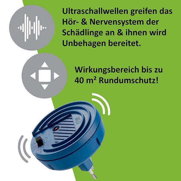 Ultraschall-Tiervertreiber, Steckdosenbetrieb, mit 3 anpassbaren Frequenzen. Wirkt gegen Mäuse, Marder, Insekten. Sicher & tierfreundlich