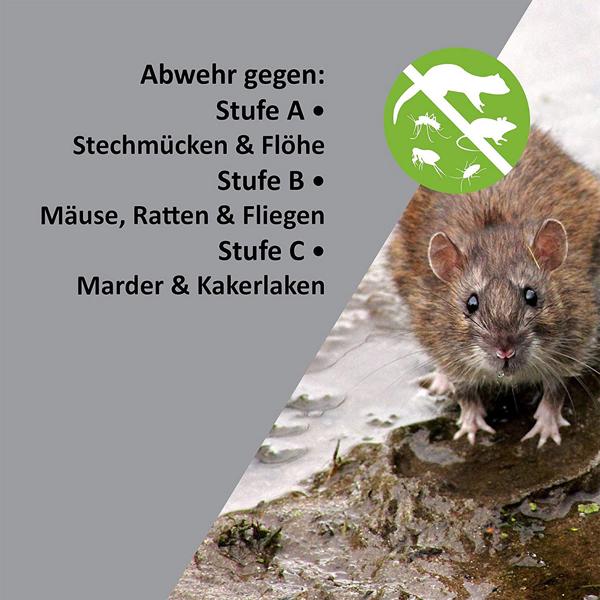 Ultraschall-Tiervertreiber, Steckdosenbetrieb, mit 3 anpassbaren Frequenzen. Wirkt gegen Mäuse, Marder, Insekten. Sicher & tierfreundlich