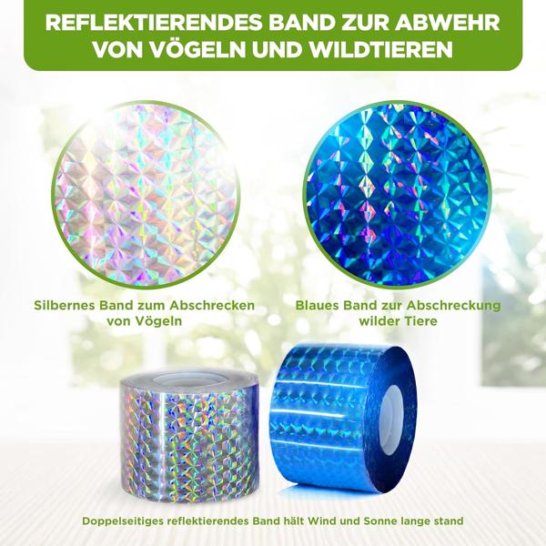 Reflektorband Set, 2x 38 Meter, silber & blau – Schützt vor Vögeln & Wildtieren, reflektierend & abschreckend