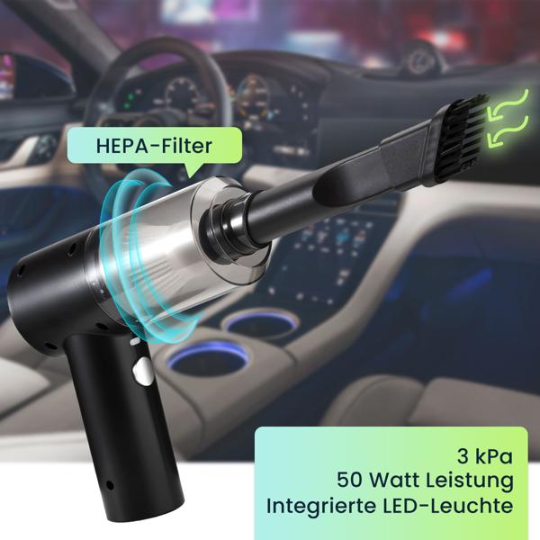 Kompakter Akku-Handstaubsauger mit LED-Leuchte, leistungsstarkem HEPA-Filter & 3 kPa Saugkraft, schwarz – ideal für Auto, Haushalt
