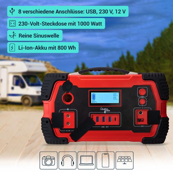 Professionelle tragbare Powerstation & Solar-Generator, 800 Wh, 1000 Watt im Set mit 1 mobilen 110-Watt-Solarpanel