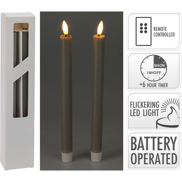 2er-Set LED-Stabkerze - Täuschend echtes Gefühl mit Echtwachs - Sicherer Kerzenschein mit Fernbedienung & Timerfunktion - Anthrazit - Batteriebetrieben 2x AAA
