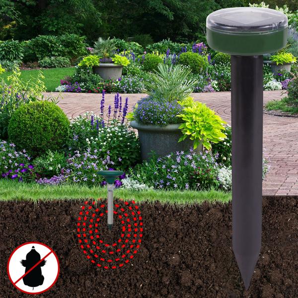 2er-Set Solar-Maulwurfvertreiber - Tierfreundliche Wühlmäuse & Maulwurf Abwehr - 400 Hz Schallwellen, 500 m² Schutz, IP44, Ø 6 x 25,5 cm