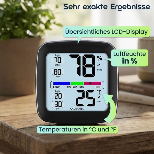 Digitales Präzisions-Thermo-Hygrometer – kalibrierbar mit LCD-Display – genaue Messung von Temperatur & Luftfeuchtigkeit – ideal für Zuhause, Büro & Garten