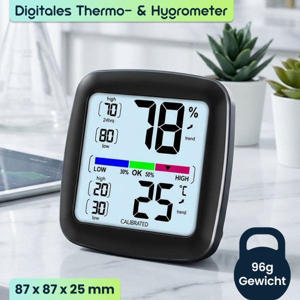 Digitales Präzisions-Thermo-Hygrometer – kalibrierbar mit LCD-Display – genaue Messung von Temperatur & Luftfeuchtigkeit – ideal für Zuhause, Büro & Garten