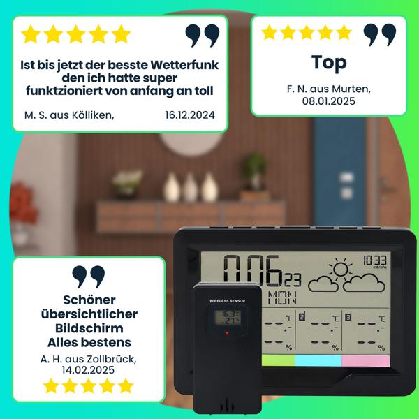 Profi Funk-Wetterstation mit 3 Aussensensoren  - Behalten Sie 4 Zonen im Blick für maximale Übersicht & Kontrolle - inkl. Funkwecker & XL-Display