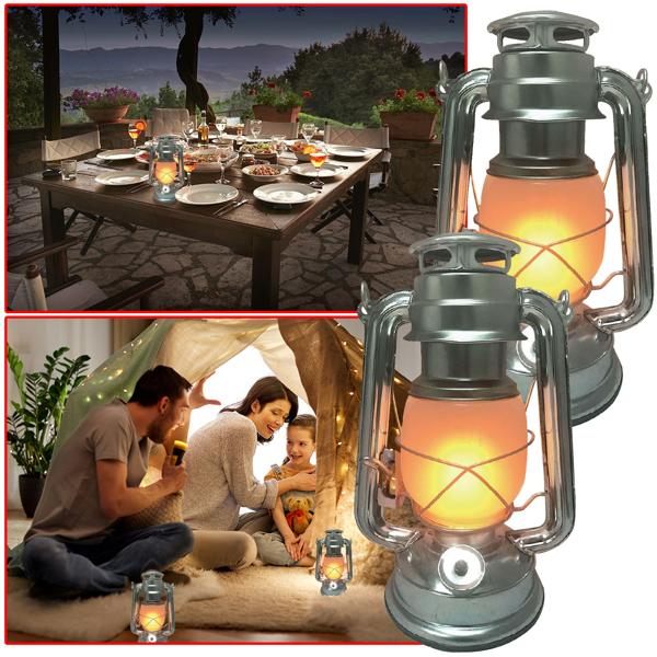 2er-Set LED-Sturmlaterne mit Flammen-Effekt, silber – Aluminium, 15x24cm, atmosphärische Beleuchtung für Garten & Terrasse