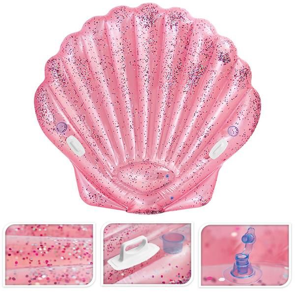 Muschel Luftmatratze – Rosa Glitzer Schwimminsel mit Getränkehaltern – 178x165x24 cm aufblasbar für Pool, See & Meer – Ideal zum Bräunen & Entspannen