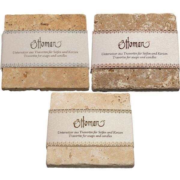 3er Set Seifenablagen aus Travertin, quadratisch - Handgefertigt, gesundheitlich unbedenklich, 3 Farbkombinationen - 10x10cm für Bad & WC