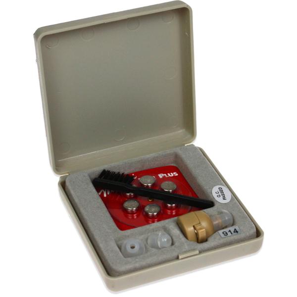 Mini-Hörverstärker - Diskret, leicht bedienbar für Kino/Theater & Sicherheit im Strassenverkehr - Inkl. Reinigungsbürste, 3 Ohrstöpsel, 7 Batterien - 6,5x5x1cm