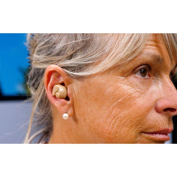 Mini-Hörverstärker - Diskret, leicht bedienbar für Kino/Theater & Sicherheit im Strassenverkehr - Inkl. Reinigungsbürste, 3 Ohrstöpsel, 7 Batterien - 6,5x5x1cm