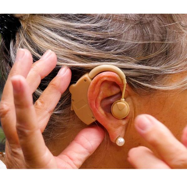 Hörverstärker mit Bügel - Individuell anpassbar für Gespräche & Alltagsgeräusche - Kristallklarer Klang - inkl. Koffer & 3 Ohrstöpsel/Batterien - 6,5x5x1cm