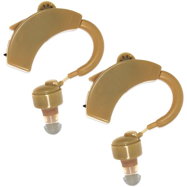 2er-Set Hörverstärker mit Bügel - Mini-Hörgerät für Gespräche & Alltagsgeräusche - klare Klangqualität, inkl. 3 Ohrstöpsel & 3 Batterien AG13 (6,5x5x1cm)