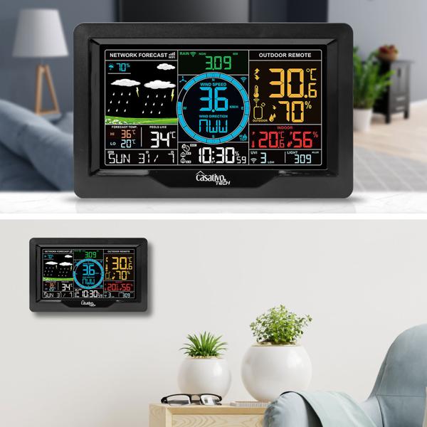 Premium WLAN Wetterstation m. XL-Farbdisplay, Aussensensor, App-Daten, Messung von Temperatur, Regenmenge, Windgeschwindigkeit u. Richtung, Luftdruck