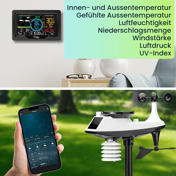 Premium WLAN Wetterstation m. XL-Farbdisplay, Aussensensor, App-Daten, Messung von Temperatur, Regenmenge, Windgeschwindigkeit u. Richtung, Luftdruck