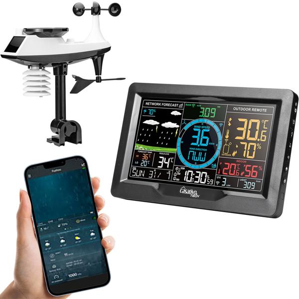 Premium WLAN Wetterstation m. XL-Farbdisplay, Aussensensor, App-Daten, Messung von Temperatur, Regenmenge, Windgeschwindigkeit u. Richtung, Luftdruck