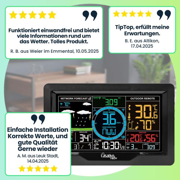 Premium WLAN Wetterstation m. XL-Farbdisplay, Aussensensor, App-Daten, Messung von Temperatur, Regenmenge, Windgeschwindigkeit u. Richtung, Luftdruck