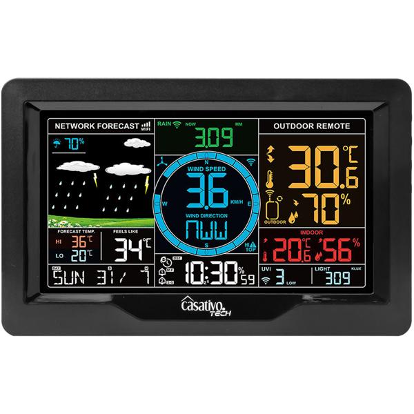 Premium WLAN Wetterstation m. XL-Farbdisplay, Aussensensor, App-Daten, Messung von Temperatur, Regenmenge, Windgeschwindigkeit u. Richtung, Luftdruck