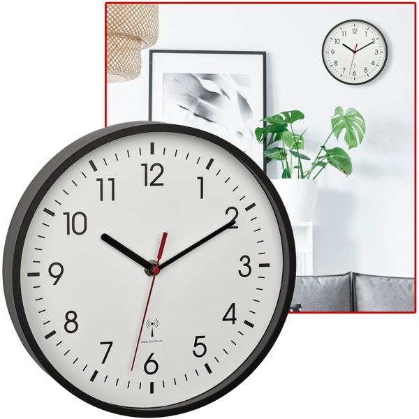 Klassische Funk-Wanduhr, Ø 24,5cm, weiss-schwarz – Analoge Wanduhr mit präzisem Funkwerk, zeitloses Design, gut ablesbar