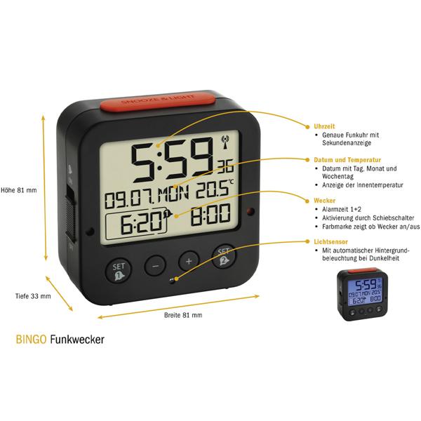 Präziser Digitaler Funkwecker (schwarz) mit Thermometer, Datum & 2 Weckzeiten – Zuverlässige Zeitmessung & umfassende Informationen auf einen Blick