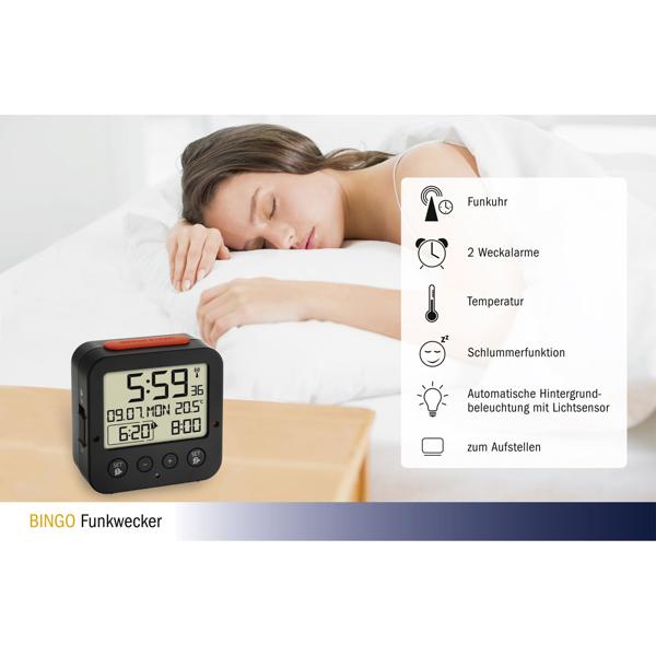 Präziser Digitaler Funkwecker (schwarz) mit Thermometer, Datum & 2 Weckzeiten – Zuverlässige Zeitmessung & umfassende Informationen auf einen Blick
