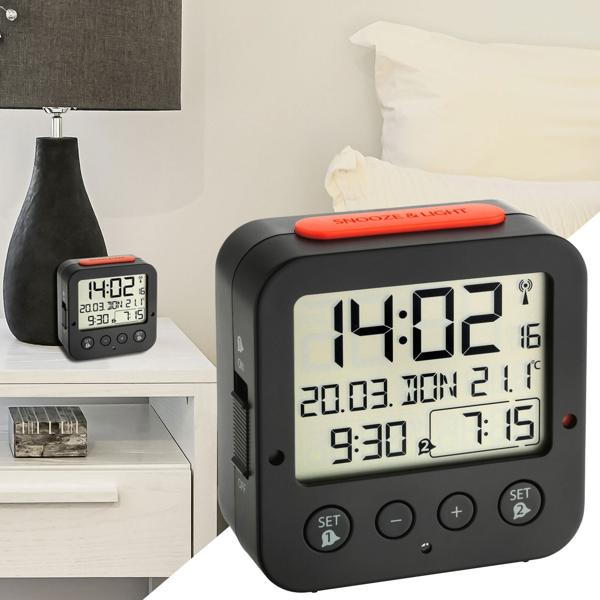 Präziser Digitaler Funkwecker (schwarz) mit Thermometer, Datum & 2 Weckzeiten – Zuverlässige Zeitmessung & umfassende Informationen auf einen Blick