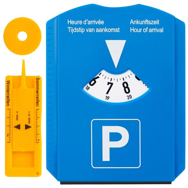 Parkscheibe mit Eiskratzer, Profilmesser und Einkaufschip