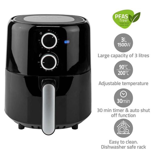 Kompakte Heissluftfritteuse 1500W – 3L Kapazität, Timer & Antihaft-Beschichtung – gesundes, fettarmes Frittieren, schnelle Zubereitung & leichte Reinigung