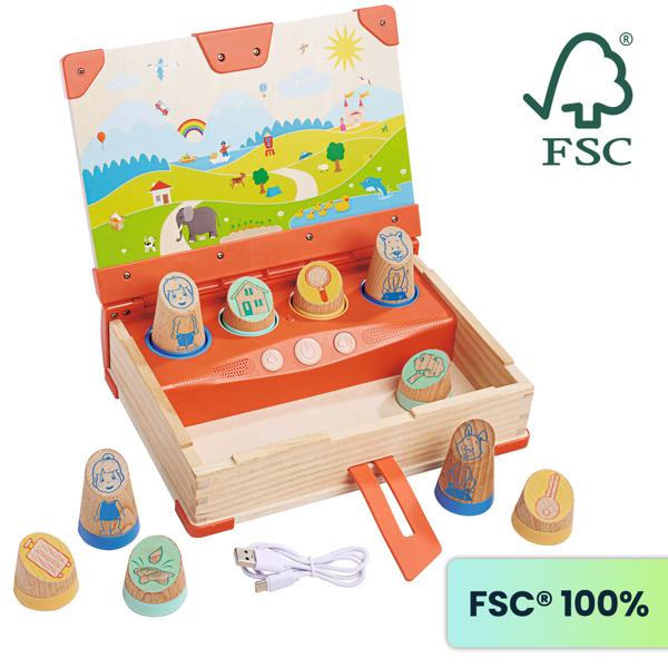 Interaktives LiLUMi Hörbuch mit Holzfiguren: 108 Geschichten, bunt – Fördert Fantasie & Lernen, ideales Spielzeug zum Hören & Mitspielen