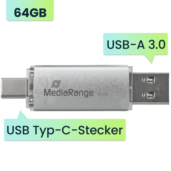 Hochwertiger USB Speicherstick 64GB – mit USB-C & USB 3.0 Stecker für ultraschnelle Datenübertragung, kompatibel mit PC & Smartphone