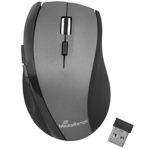Kabellose 5-Tasten-Maus - Optischer Sensor, schwarz/grau - Für Windows, MacOS, Linux - 1000-1600 dpi, USB 2.0 Empfänger, 10m Reichweite