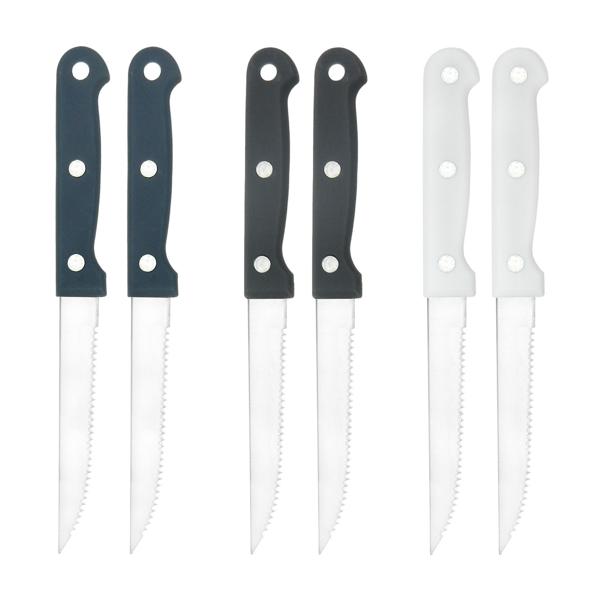 Steakmesser-Set 6tlg. mit Holzblock - Gezackte Edelstahlklingen, ergonomische Griffe in 3 Farben - Für Fleisch, Pizza & Gemüse - Rostfrei & spülmaschinenfest