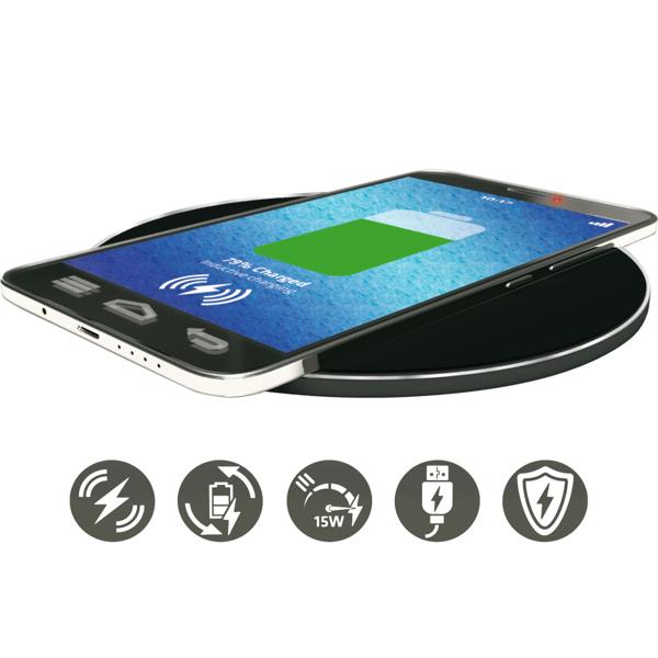 Extraflache Qi-Ladestation 15W - Induktives kabelloses Schnellladen für Qi-fähige Smartphones (auch durch 5mm Hüllen) - Ø 9,8cm schwarz - USB-C