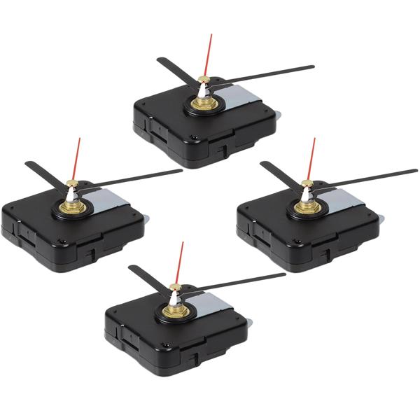 4er-Set Quarz-Uhrwerk - Eigene Uhr bauen, Bastelprojekt - 12x3 Zeigersätze, Schleichsekunde, leise, präzise - 55x55x15mm, schwarz/rot