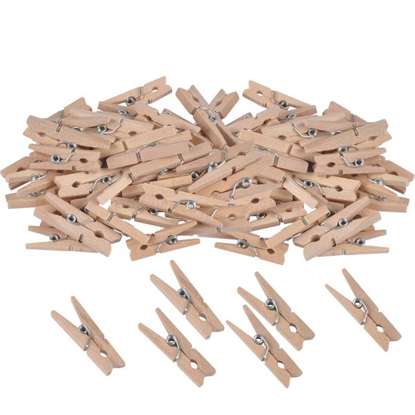 Mini-Klammern aus Holz Natur 100 Stück - Schnelles Befestigen von Fotos Notizen Geschenken - Ideal zum Basteln Dekorieren Verschliessen - Länge ca. 2,5cm