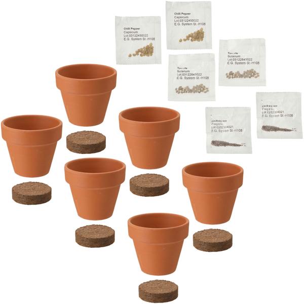 2er-Set Pflanz-Set mit Tontöpfen - Für Tomate, Erdbeere & Chili Samen - Ideal zum Heranziehen von Setzlingen - Mit aufquellender Erde, 5.5x5.5x3.5cm