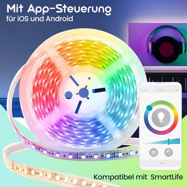 2er-Set Smart LED Lichtband 5 m mit App-Steuerung, warmweiss/kaltweiss/RGB, dimmbar, flexibles & selbstklebendes Design, ideal für stilvolle Beleuchtung