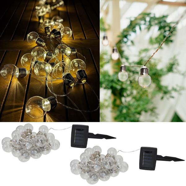 2er-Set LED-Lichterkette mit 20 Glühbirnen-LEDs - Solarbetrieben für Gartenfeste & Balkondeko - 3,8m warmweiss, Dämmerungs-Sensor, IP44