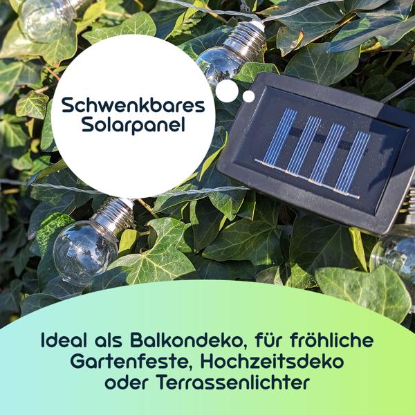 2er-Set LED-Lichterkette mit 20 Glühbirnen-LEDs - Solarbetrieben für Gartenfeste & Balkondeko - 3,8m warmweiss, Dämmerungs-Sensor, IP44