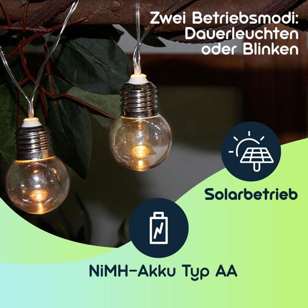 2er-Set LED-Lichterkette mit 20 Glühbirnen-LEDs - Solarbetrieben für Gartenfeste & Balkondeko - 3,8m warmweiss, Dämmerungs-Sensor, IP44