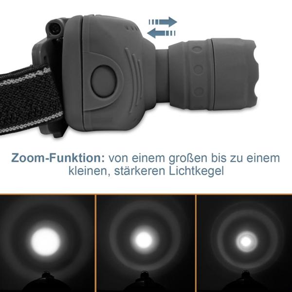 Stirnlampe mit flexiblem Kopfband und Zoomfunktion - Ideal für Outdoor, Camping & Wandern - 3 Leuchtmodi, 60 Lumen, IP44 Spritzwassergeschützt